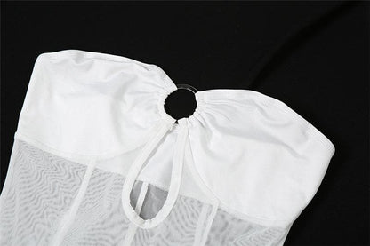 Mesh see through o ring hollow out backless tube cut out maxi dress