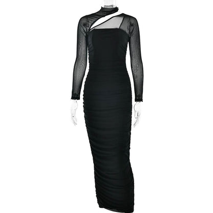 Long sleeve mesh ruched maxi dress