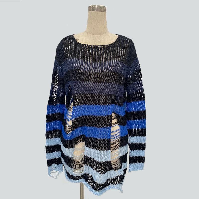 Gradient hollow out contrast striped long sleeve crochet cut out top