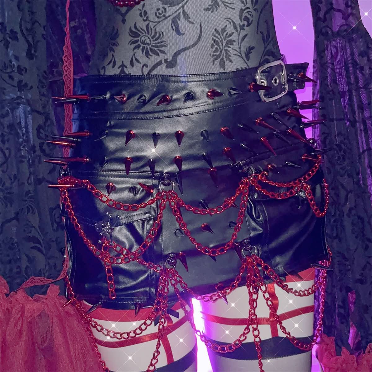 PU leather rivet metal chain buckle mini skirt