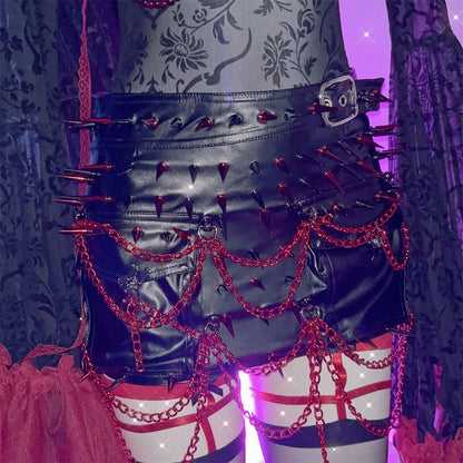 PU leather rivet metal chain buckle mini skirt