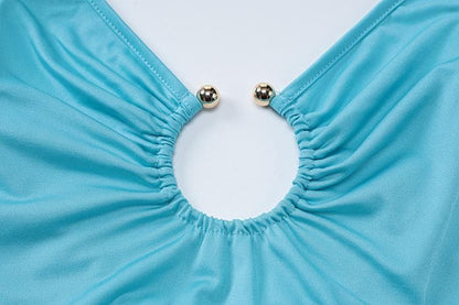 O ring ruched hollow out high slit cami cut out maxi dress