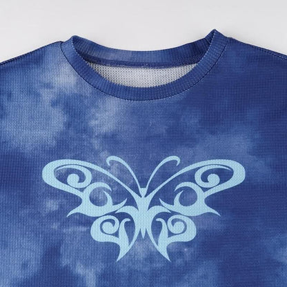 Butterfly pattern long sleeve tie dye crewneck top-final-sale