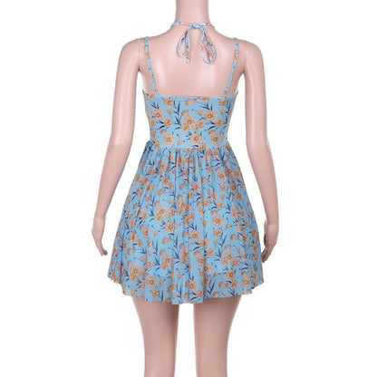Halter sweetheart neck flower print mesh cami mini dress