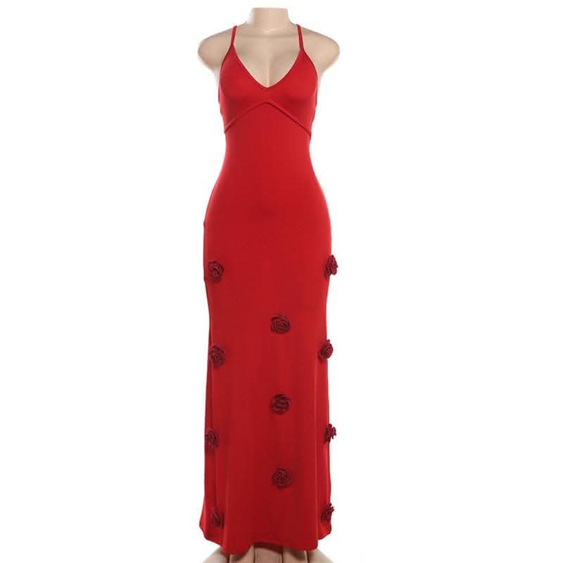V neck flower applique cross back cami maxi dress-final-sale