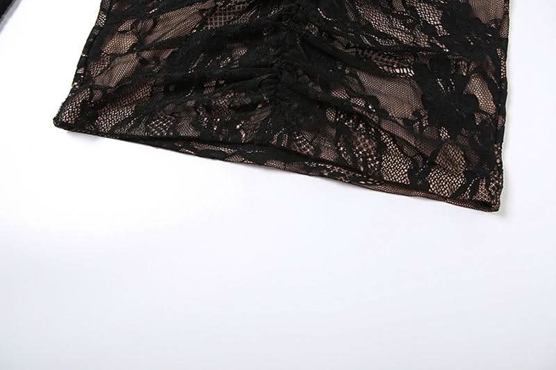 High neck long sleeve lace hollow out cut out mini dress
