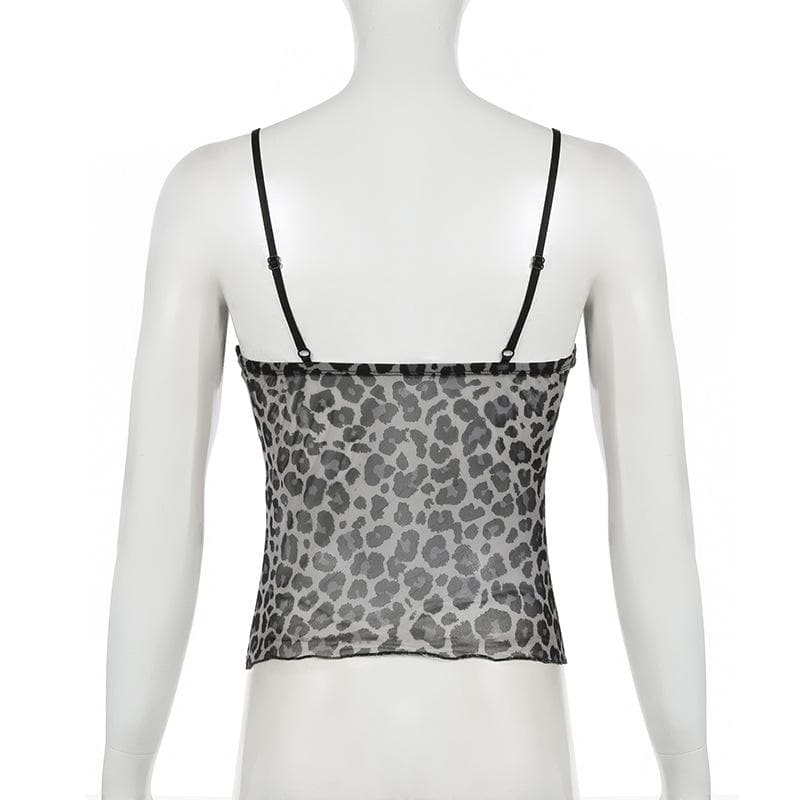 V neck velvet leopard print mesh bowknot cami top