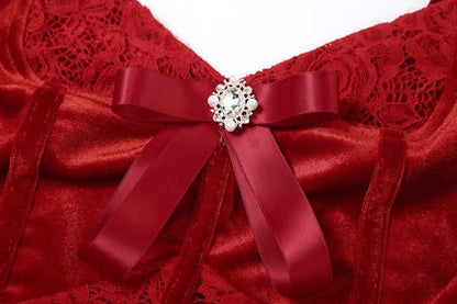 Gloves bowknot lace velvet patchwork cami top-final-sale