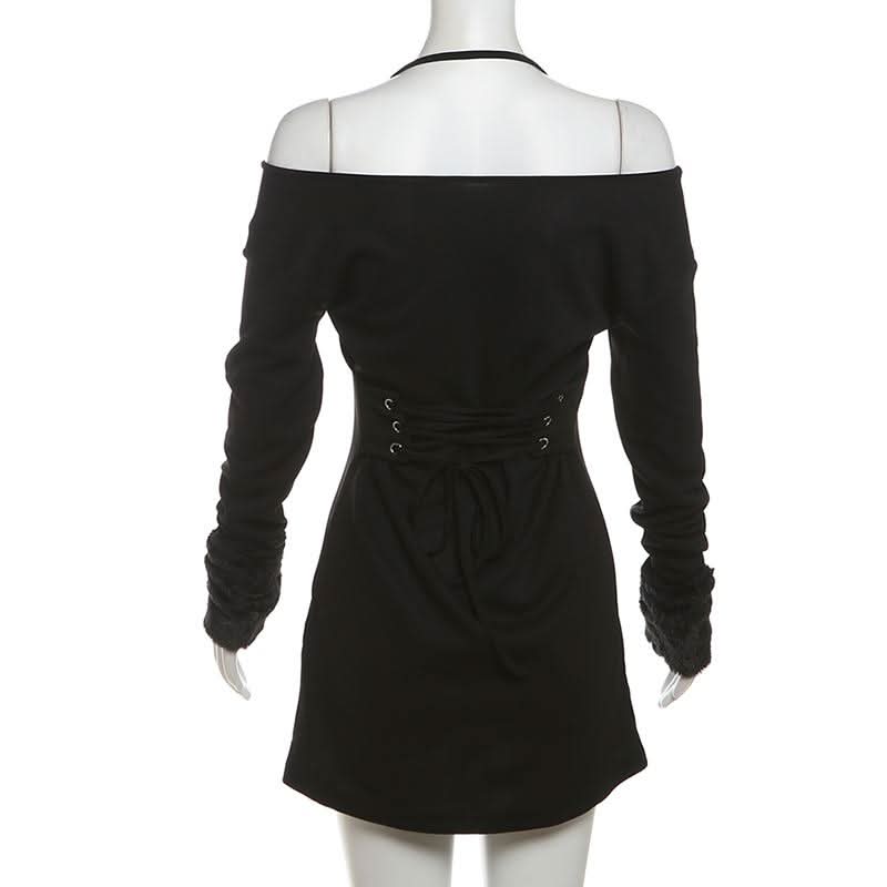 Halter long sleeve off shoulder fluffy mini dress