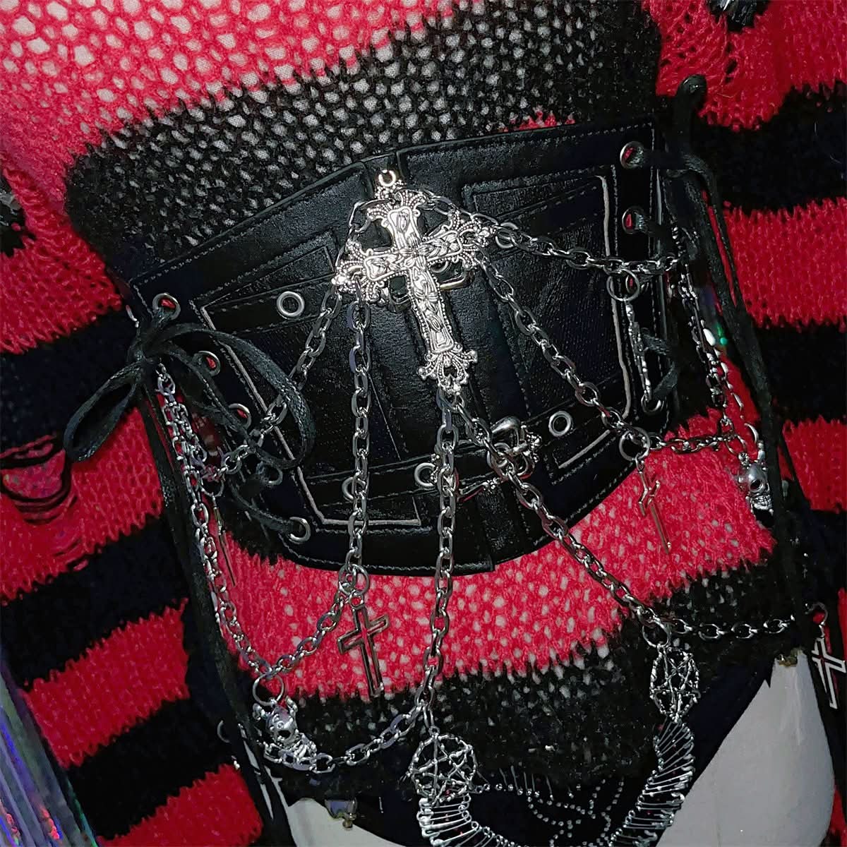 PU leather metal chain cross applique waist chain