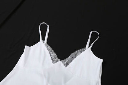 Lace hem backless solid cami mini dress