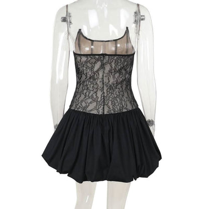 U neck corset lace patchwork tube mini dress