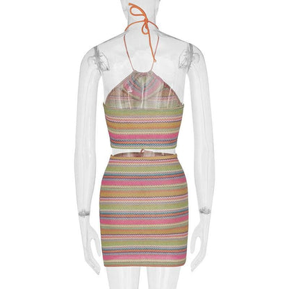 Knitted contrast striped drawstring halter backless skirt set
