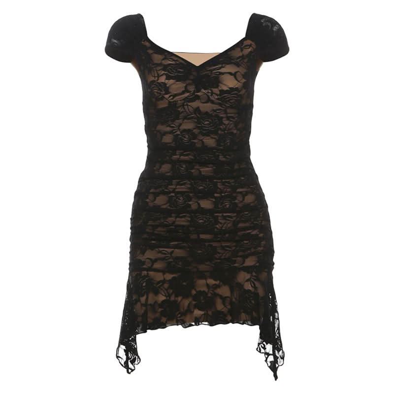 V neck flower lace ruffle off shoulder mini dress