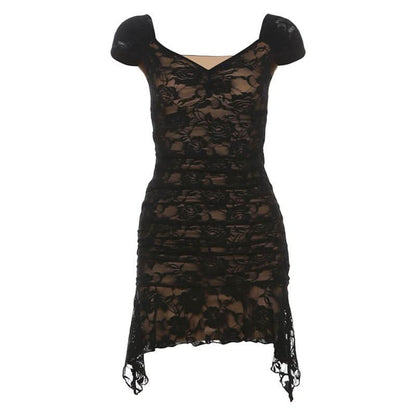 V neck flower lace ruffle off shoulder mini dress