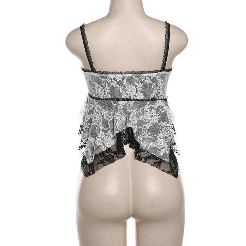 Lace patchwork flower applique ruffle cami top