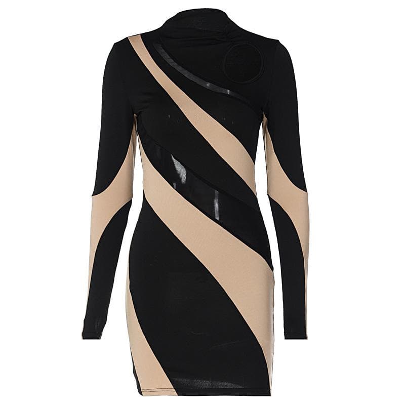 Mock Neck Mesh Panel Geometric Patchwork Long Sleeve Mini Dress