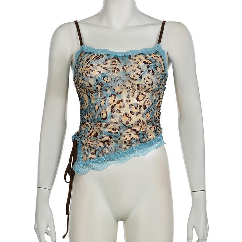 Lace leopard print irregular knotted cami top