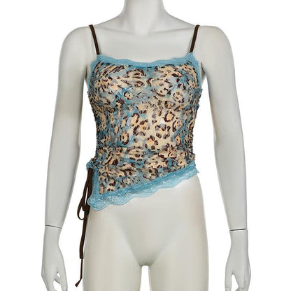 Lace leopard print irregular knotted cami top