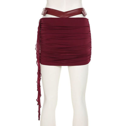 Ruched hollow out PU leather irregular cut out mini skirt