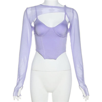 Long sleeve mesh see-through two piece set