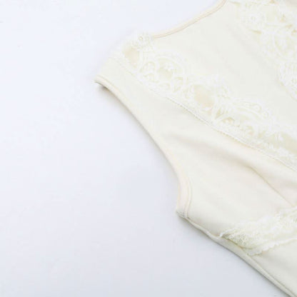 Lace hem deep V neck bowknot solid top