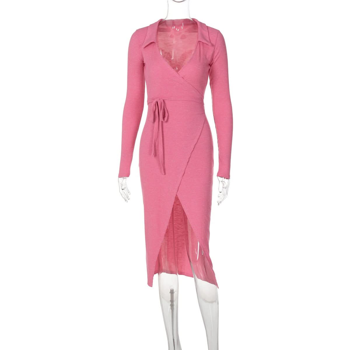 Turnover collar long sleeve slit self tie midi dress