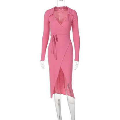 Turnover collar long sleeve slit self tie midi dress