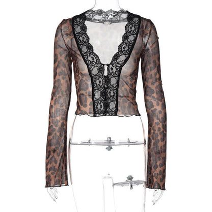 Long flared sleeve print lace hem button see through top
