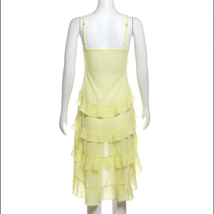 Rose applique ruffle u neck mesh cami top