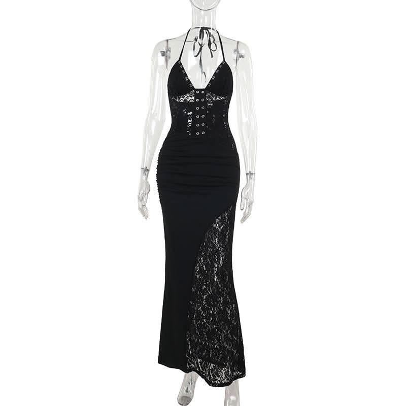 Lace v neck halter self tie ruched maxi dress