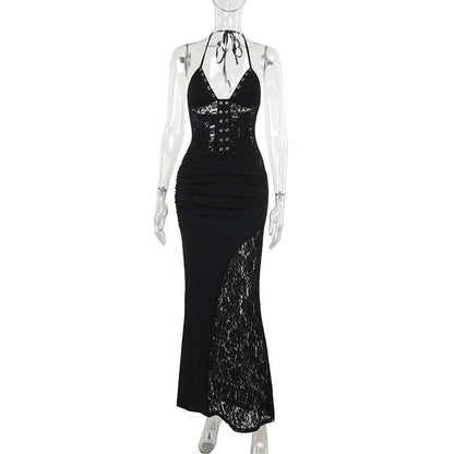 Lace v neck halter self tie ruched maxi dress