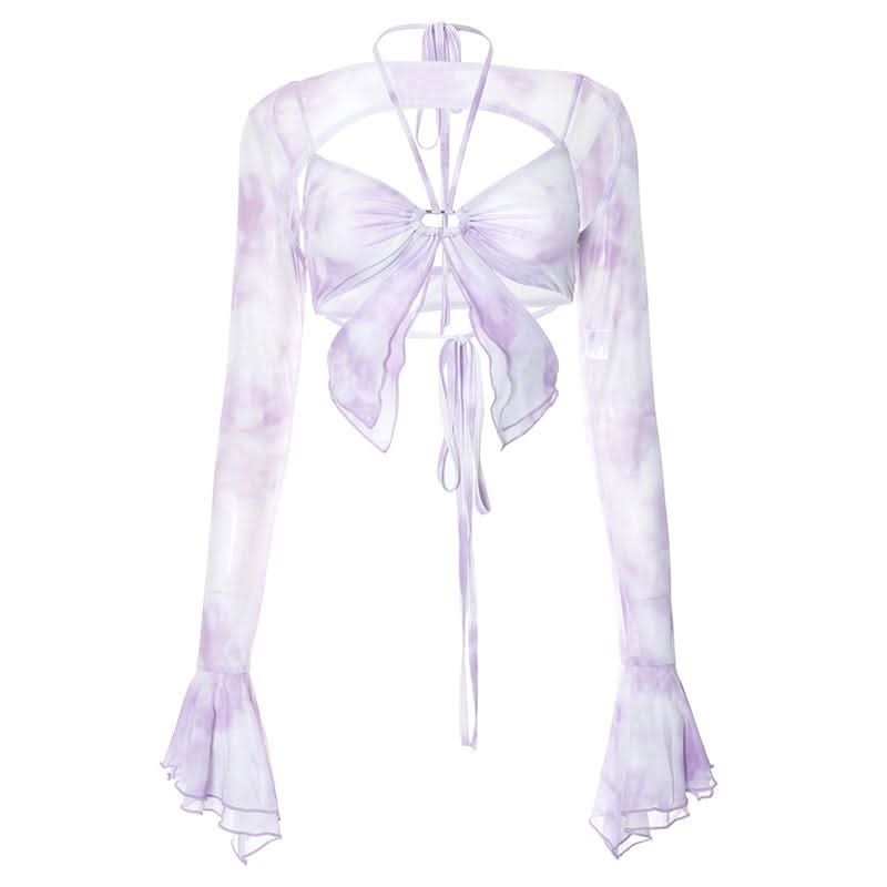 Long flared sleeve halter ruffle hollow out print cut out top
