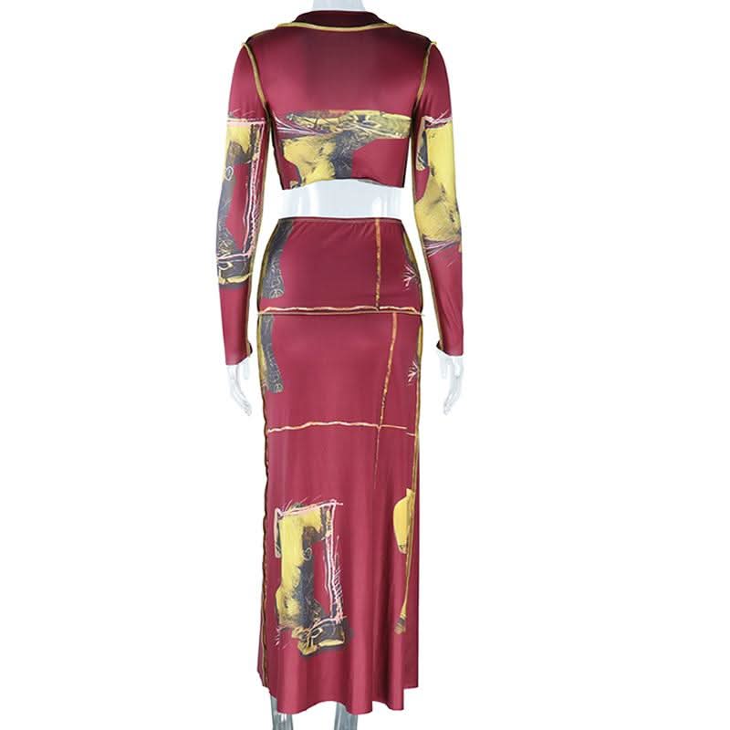 Long sleeve v neck button stitch print maxi skirt set