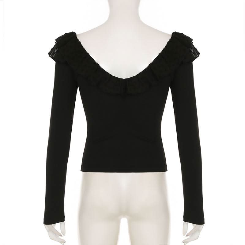 Long sleeve ruffle mesh patchwork top