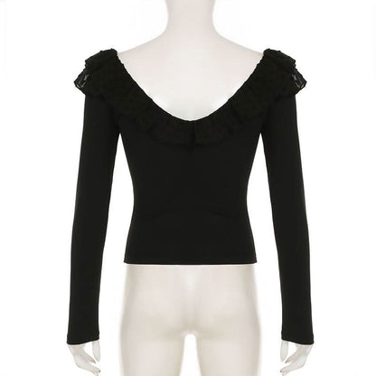 Long sleeve ruffle mesh patchwork top