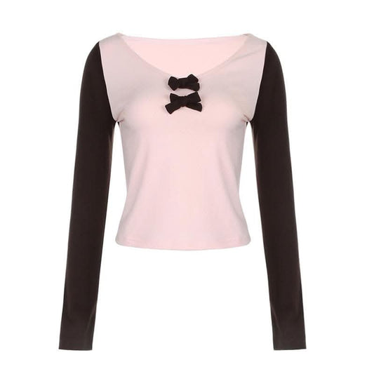 Bowknot contrast patchwork long sleeve v neck top-final-sale