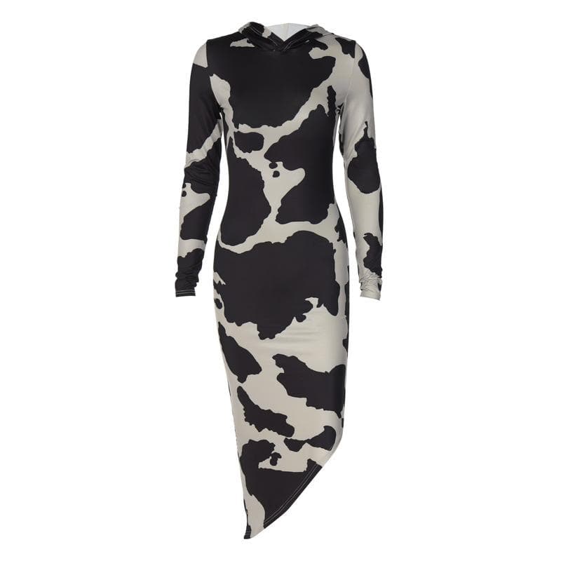 Cow Print Hooded Long Sleeve Bodycon Maxi Dress