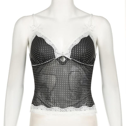 V neck polka dot print lace hem bowknot top