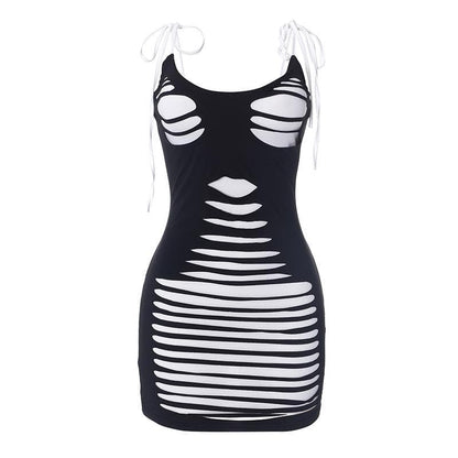 Skeleton Print Halter Neck Sleeveless Bodycon Mini Dress