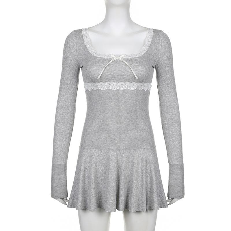 Lace Trim Scoop Neck Bow Empire Waist Ribbed Long Sleeve Flared Mini Dress
