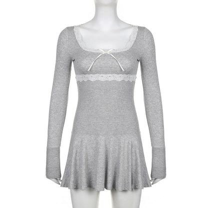 Lace Trim Scoop Neck Bow Empire Waist Ribbed Long Sleeve Flared Mini Dress