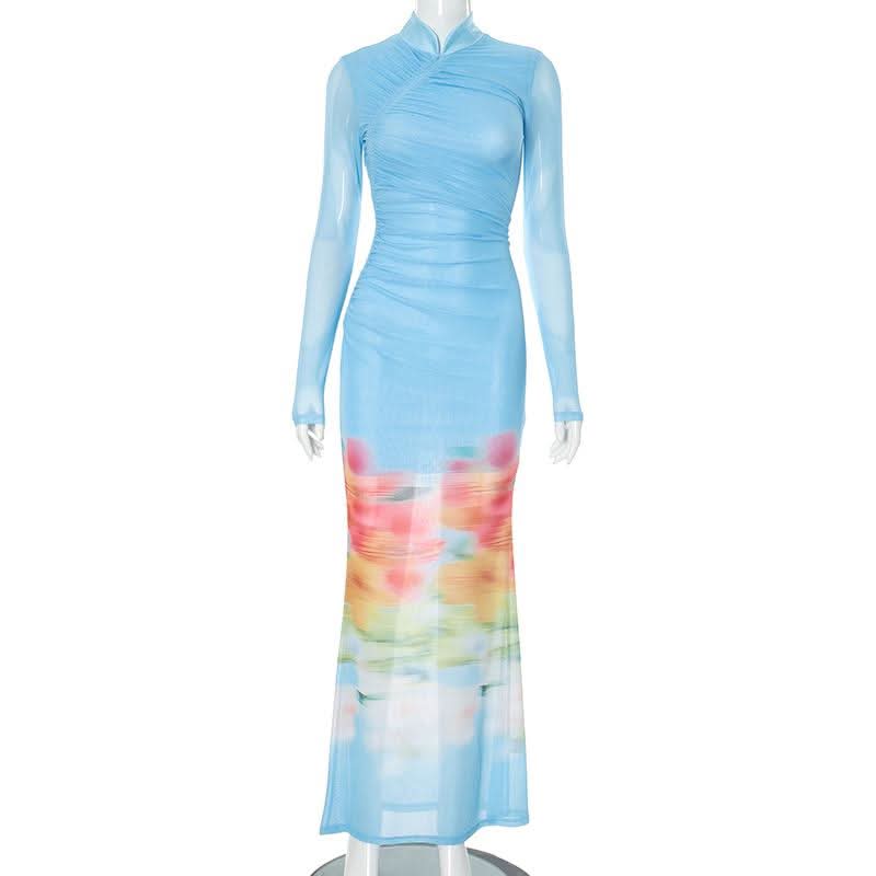High neck long sleeve ruched mesh flower print maxi dress