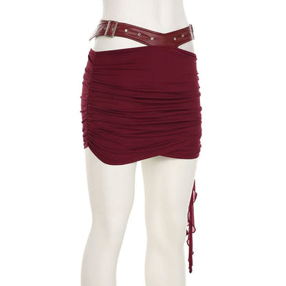 Ruched hollow out PU leather irregular cut out mini skirt