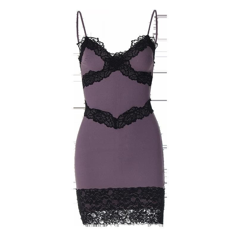 Lace hem patchwork v neck zip-up cami mini dress