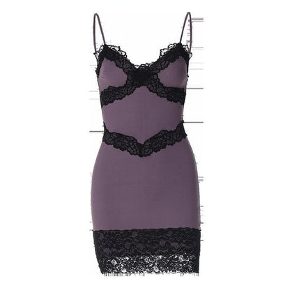 Lace hem patchwork v neck zip-up cami mini dress