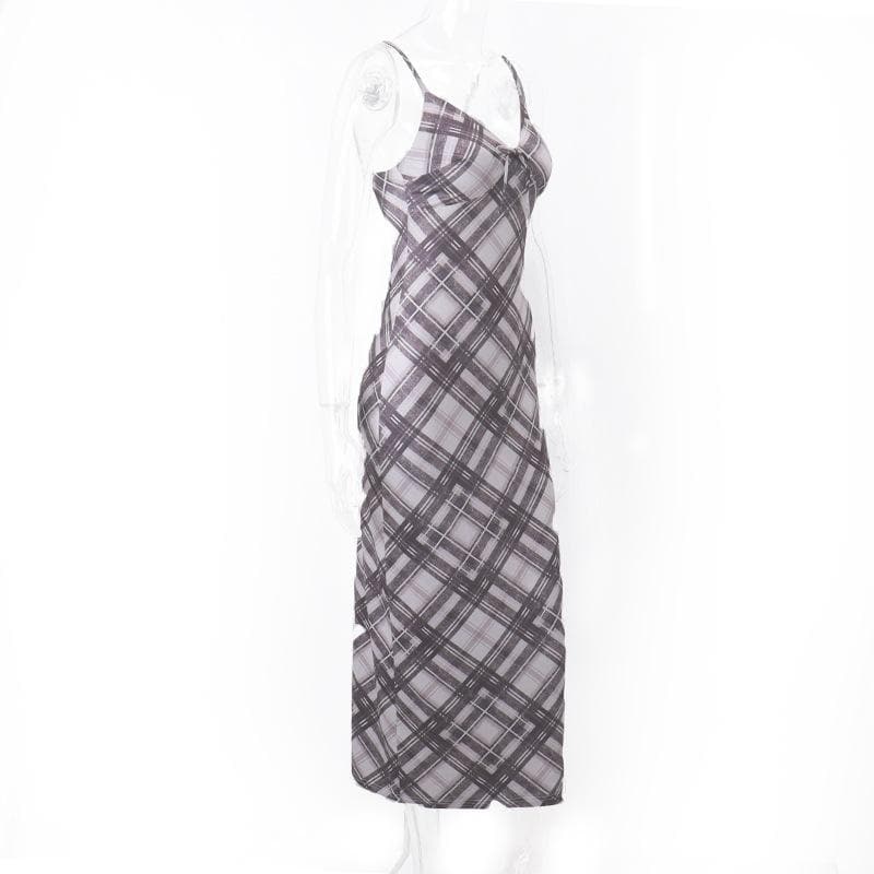 Spaghetti Strap V Neck Tie Front Plaid Print Bodycon Maxi Dress