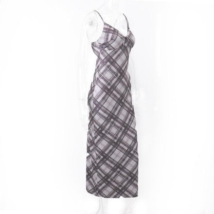 Spaghetti Strap V Neck Tie Front Plaid Print Bodycon Maxi Dress