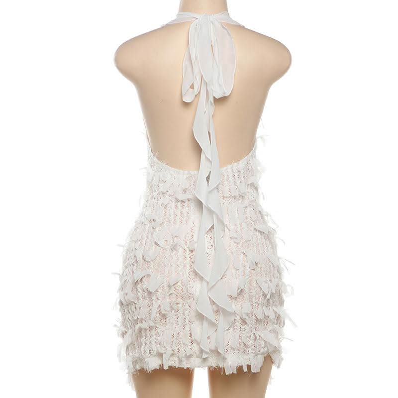 Deep V neck halter self tie backless zip-up mini dress