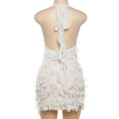 Deep V neck halter self tie backless zip-up mini dress